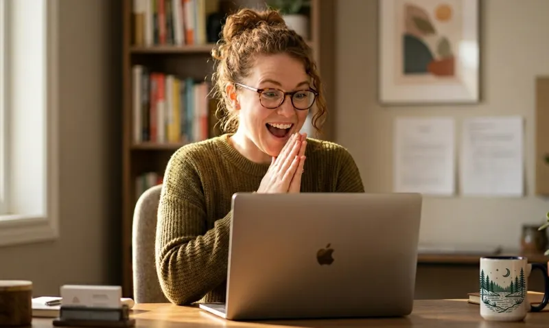 Business owner delighted to see shipping overcharge recovery on laptop